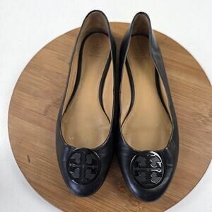 Tory Burch Minnie Ballet Shoes Womens Size 10 Black Leather Flats Logo Cap Toe